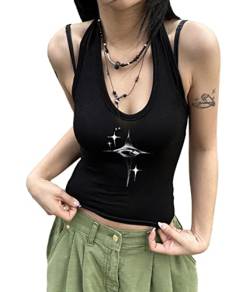 ticticlily Tops Damen Y2K Vintage Retro Crop Top Asymmetrisch Kurzarm T-Shirt Cropped Tee Blokecore 90s Harajuku Streetwear Tank Tops Weste Sommer D Schwarz S von ticticlily