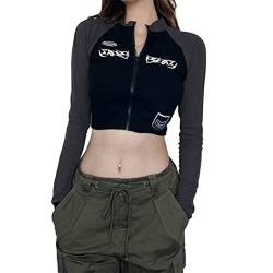 ticticlily Tops Damen Y2K Vintage Retro Crop Top mit Reißverschluss Langarmshirts Cropped Tee Blokecore 90s Streetwear Trainingsjacke Enge Jacke A1 Schwarz S von ticticlily