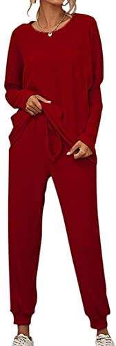 ticticlily Trainingsanzug Damen Stricken Freizeitanzug Gestrickt Jogginganzug Sweatshirts Strick Pullover und Jogginghose 2 Teiliges Set Strickanzug Casual Loungewear Outfits B Weinrot M von ticticlily