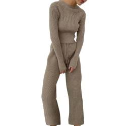 ticticlily Trainingsanzug Damen Winter Frühling Pullover und Hosen Stricke Freizeitanzug Gestrickt Jogginganzug Freizeitanzug 2 Teiliges Set Strickanzug Casual Schlafanzug Outfits für Damen Khaki M von ticticlily