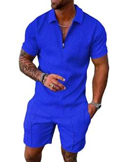 ticticlily Trainingsanzug für Herren Sommer Casual Sportanzug 2 Teiliges Outfit Sport Set Kurzarm T-Shirts + Kurze Sporthose Sets Freizeitanzug Männer Business Polo Hemd mit Revers A Blau XL von ticticlily