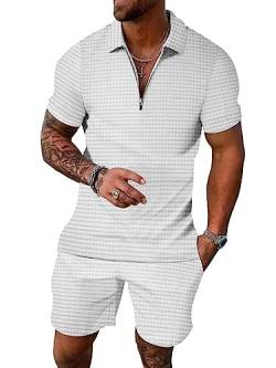 ticticlily Trainingsanzug für Herren Sommer Casual Sportanzug 2 Teiliges Outfit Sport Set Kurzarm T-Shirts + Kurze Sporthose Sets Freizeitanzug Männer Business Polo Hemd mit Revers B Weiß L von ticticlily