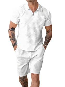 ticticlily Trainingsanzug für Herren Sommer Casual Sportanzug 2 Teiliges Outfit Sport Set Kurzarm T-Shirts + Kurze Sporthose Sets Freizeitanzug Männer Business Polo Hemd mit Revers C Weiß XXL von ticticlily