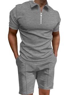 ticticlily Trainingsanzug für Herren Sommer Sportanzug 2 Teiliges Bedruckter Outfit Set Kurzarm Casual Polo T-Shirts mit Revers + Kurze Hose Freizeitanzug für Männer Casual Sporthose D Dunkelgrau L von ticticlily