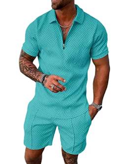 ticticlily Trainingsanzug für Herren Sommer Sportanzug 2 Teiliges Outfit Sport Set Kurzarm T-Shirts + Kurze Hose Freizeitanzug Männer Business Polo Hemd mit Revers Mode Sporthose A Hellblau XXL von ticticlily