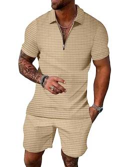 ticticlily Trainingsanzug für Herren Sommer Sportanzug 2 Teiliges Outfit Sport Set Kurzarm T-Shirts + Kurze Hose Freizeitanzug Männer Business Polo Hemd mit Revers Mode Sporthose B Khaki 3XL von ticticlily