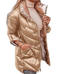 ticticlily Winterjacke Damen Kurz Mantel Glänzend Übergangsjacke Warm Puffer Wintermantel mit Reißverschluss Einfarbig Steppjacke Winddichte Leichte Daunenjacken für Damen Gold XL von ticticlily