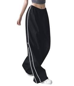 ticticlily Y2K Baggy Parachute Pants Cargo Hosen Damen Teenager Fallschirmhose Track Pants High/Low Waist Casual Hiphop Sporthosen mit Kordelzug und Taschen A Schwarz M von ticticlily