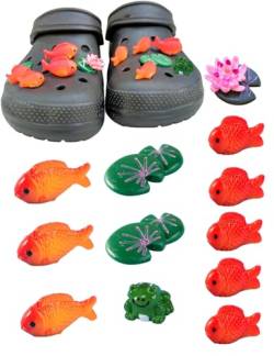 12 süße Charms für Crocs, Designer-Charms für Crocs, Mädchen und Jungen, 3D-Goldfisch, Lotusblatt, Blumen, Frosch-Anhänger-Set, Kunststoff von tikono