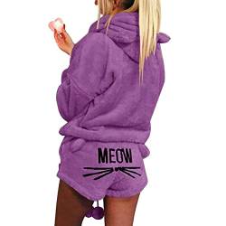 2 Stücke Damen Winter Pyjamas Warm Fleece Schlafanzug Katze Pyjamas Mädchen Lounge Nachtwäsche Set Niedliche Nachtwäsche mit Kapuze Set Kapuzenpullover Hoodies und Shorts von tinbarry