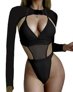 tinbarry Damen 2-Teilig Rave Outfits Body Crop Top Langarm Badeanzüge Cover-up Bikini Clubwear Mesh Shrug mit Schnalle für Festival Club Party von tinbarry