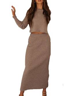 tinbarry Damen Strickkleid 2 Stück Set Strickkleid Herbst Winter Gestrickter Pullover Zweiteiliger Anzug Langarm Rollkragenpullover und Midi Strickrock Strickpullover Outfits von tinbarry