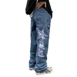 tinbarry Jeans Damen Y2K Cargohose Baggy Denim Hosen Straight Leg Jeanshose Hip Hop Boyfriend Cargo Jeans Vintage Bedruckte Loose Pants 90er E-Girl Streetwear von tinbarry