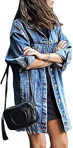 tinbarry Jeansjacke Damen Lang Boyfriend Vintage Oversized Übergangsjacke Denim Jacke Lang Jeansmantel Kurze Destroyed Mantel Cut Out Jeansjacken von tinbarry