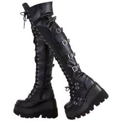 tinbarry Overknee Stiefel Damen Langschaftstiefel Gothic Punk Schwarz Plateaustiefel PU Leder Schnürstiefel Kniehohe Keilabsatz Stiefel Reißverschluss Winterschuhe mit Gürtel Schnalle von tinbarry