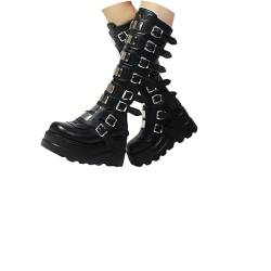 tinbarry Stiefel Damen Kniehohe Winterstiefel Gothic Punk Plateau Stiefel Keile PU Lederstiefel Vintage Keilstiefeletten Blockabsatz Kampfstiefel Zipper Wedges Boots von tinbarry