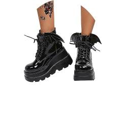 tinbarry Stiefeletten Damen Lackleder Stiefel Gothic Punk Schnürstiefel mit Absatz Plateau Kurzschaft Schnürstiefel Reißverschluss Elegant Ankle Boots Lack Damenschuhe von tinbarry