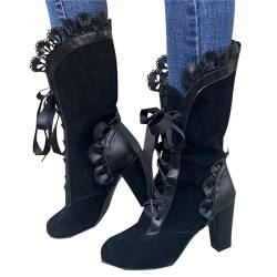 tinbarry Stiefeletten Niedrige Absatz Damen Vintage Viktorianische Stiefel Gothic Punk Kurzschaft Stiefel Spitz PU Lederstiefel Schnürung Reißverschluss Ankle Boots Party Kostümstiefel von tinbarry