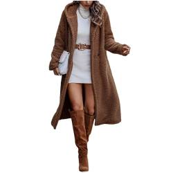 tinbarry Wintermantel Damen Teddy Fleece Mantel Plüschmantel Lang Wollmantel Fleecemantel mit Taschen Warme Jacke Kapuzenjacke Elegante Coat von tinbarry