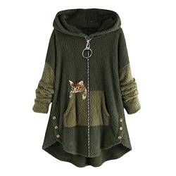 Kapuzenpullover Damen Zip Hoodie Katze Druck Kuschelig Fleecepulli Warm Große Größen Winter Teddy Jacke Casual Plüsch Hoodie Cute Pullover Lang Sweatshirts Plüschjacke Plüschmantel Sweatjacke von tinetill