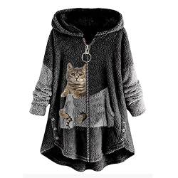 Kapuzenpullover Damen Zip Hoodie Katze Druck Kuschelig Fleecepulli Warm Große Größen Winter Teddy Jacke Casual Plüsch Hoodie Cute Pullover Lang Sweatshirts Plüschjacke Plüschmantel Sweatjacke von tinetill