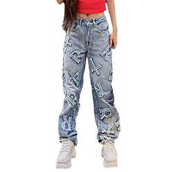 tinetill Baggy Jeans Damen Y2K Harajuku Jean Brief Drucken Denim Hose Straight Leg Vintage Hip Hop Jeans Freizeithose mit Taschen Casual Lose E-Girl Pants Streetwear von tinetill