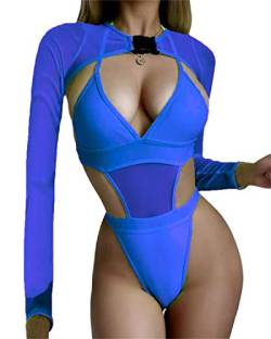 tinetill Body Damen Tankinis Badeanzüge 2-Teilig Neon Rave Outfit mit Y2K Langarm Crop Top Cover-up Bikini Set für Festiva Clubwear von tinetill