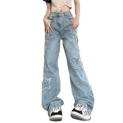 tinetill Cargohose Damen Baggy Jeans Y2K Freizeithosen Wide Leg Hosen Vintage Straight Denim Pants Sterne Flared Jeanshosen mit Tasche 90er E-Girl Streetwear von tinetill