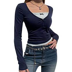 tinetill Crop Top Damen Y2K Rückenfrei T-Shirt Bauchfrei Langarmshirt Musterdruck Pullover Slim Fit Bluse Vintage Sommer Oberteil Party Streetwear, M Blau von tinetill