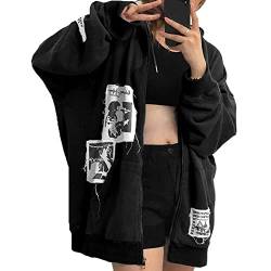 tinetill Damen Kapuzenpullover Y2K Jacke Zip Up Hoodies Goth Skeleton Harajuku Sweatshirt Vintage Kapuzenjacke Kordelzug Sweatjacke mit Kapuze 90er E-Girl Top Übergangsjacke von tinetill