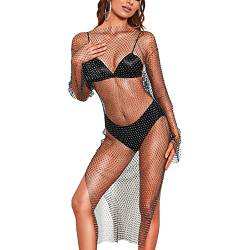 tinetill Damen Mesh Strandkleider Strass Durchsichtig Netzkleid Bikini Cover Up Rave Festival Schwarz Transparent Kleid Unterkleid Streetwear Clubwear von tinetill