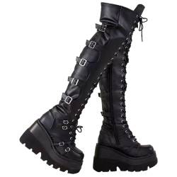 tinetill Damen Plateaustiefel Winter Schwarz Gothic Punk Overknee Stiefel Reißverschluss Kniehohe Stiefel Schnürstiefel Lange Stiefel mit Blockabsatz Winterstiefel Boots von tinetill