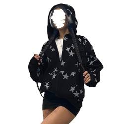 tinetill Damen Y2K Zip Up Hoodies Sterne Jacke Oversized Sweatshirts Graphics Harajuku für Paare Sweatshirt E-Girl Top Sweatjacke mit Kapuze Langarm Oberteil Pullover von tinetill