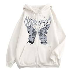 tinetill Damen Zip Up Hoodies Goth Skeleton Harajuku Oversized Sweatshirt Vintage Kapuzenjacke Kordelzug Y2K Jacke Sweatjacke mit Kapuze 90er E-Girl Top, A Weiß von tinetill