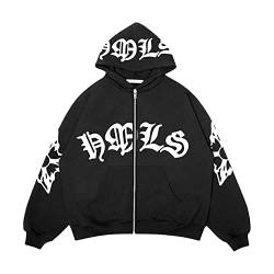 tinetill Herren Y2K Jacke Zip Up Hoodies Goth Harajuku Sweatshirt Vintage Kapuzenjacke Lose Kordelzug Sweatjacke mit Kapuze 90er E-Girl Top Print Kapuzenjacke von tinetill