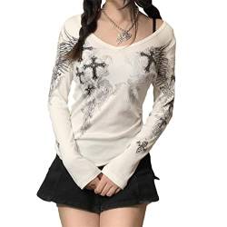 tinetill Langarmshirts für Damen Y2K Langarm Crop Top Harajuku T-Shirts Blumendruck Shirt 90er Jahre Mädchen T Tops Herbst Streetwear von tinetill