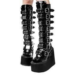 tinetill Plateau Stiefel Damen Gothic Punk Plateau Stiefel Keile Kniehohe Stiefel Goth Keilstiefeletten Winterstiefel Blockabsatz Ritterstiefel mit Reißverschluss Klobiger Absatz Boots von tinetill