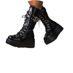 tinetill Plateau Stiefel Damen Gothic Punk Plateau Stiefel Keile Kniehohe Stiefel Goth Keilstiefeletten Winterstiefel Blockabsatz Ritterstiefel mit Reißverschluss Klobiger Absatz Boots von tinetill