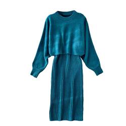 tinetill Pullikleid Damen Strickkleid Set Zweiteiliger Langarm Rundhals Elegant Pullover Figurbetontes Strickkleid 2 Stück Strickrock Lang von tinetill