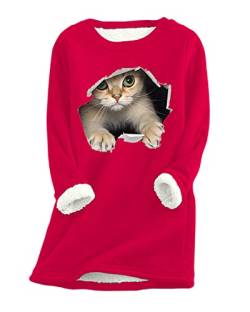 tinetill Pullover Damen Langarmshirt Süße Katze 3D Drucken Rundhals Lange Pulli Plüsch Warmer Weihnachten Pullover Herbst Sweatshirt Tshirt Shirts Hemd von tinetill