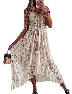 tinetill Sommerkleid Damen Spitzen Maxikleid Boho Trägerkleid Ärmellos V-Ausschnitt Lang Kleid Weiß Spitzenkleid Strick Aushöhlen Spaghetti Freizeitklied Elegant A-Linie Strandkleid von tinetill