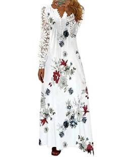 tinetill Sommerkleider Damen Langarm Maxikleid V-Ausschnitt Boho Kleider Spitze Puffärmel Strandkleider Blumendruck Freizeitkleid Elegant Swing Lange Kleider von tinetill