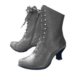 tinetill Stiefeletten Damen Viktorianische Stiefel Gothic Punk PU Lederstiefel Vintage Halbschaft Stiefel Spitz Stiefeletten Niedrige Absatz Party Kostümstiefel Reißverschluss Ankle Boots von tinetill