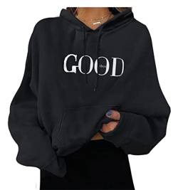 tinetill Sweatshirt Damen Buchstaben Druck Langarm Rundhals Pullover Kordelzug Warm Pulli Oversized Casual Bequem Teenager Mädchen Hoodie Herbst Winter Sportbekleidung Mit Taschen, B Schwarz von tinetill