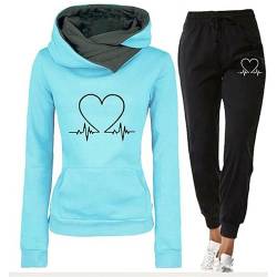 tinetill Trainingsanzug Outfit Damen Jogginganzug Set 2 Teilig Herzmuster Heartbeat Print Hoodie Sweatshirt Outfit Hoher Taille Fleece Sport Hosenanzug Streetstyle Set von tinetill