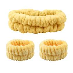 tinysiry 3 Teile/satz Make-Up Stirnband Spa Stirnband für Frauen, Hohe Elastizität Korallen Fleece Haarband Armbänder Haarschmuck Gelb von tinysiry