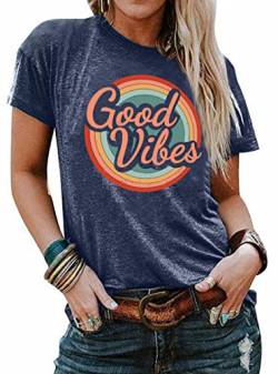 Damen Good Vibes Shirts Regenbogen Print T-Shirt Kurzarm Tops Rundhals Tee Sommer Bluse (Dunkelblau，Groß) von tiorhooe