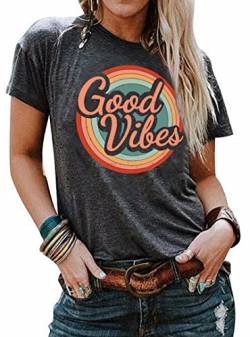 Damen Good Vibes Shirts Regenbogen Print T-Shirt Kurzarm Tops Rundhals Tee Sommer Bluse (Grau，Klein) von tiorhooe