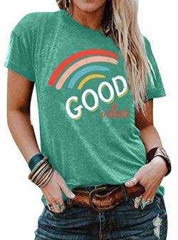 Damen Good Vibes Shirts Regenbogen Print T-Shirt Kurzarm Tops Rundhals Tee Sommer Bluse (Grün，Groß) von tiorhooe