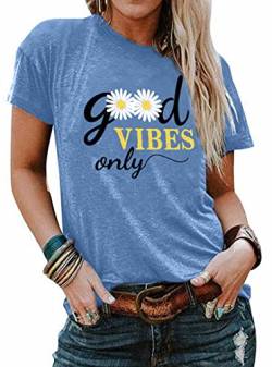 Damen Good Vibes Shirts Regenbogen Print T-Shirt Kurzarm Tops Rundhals Tee Sommer Bluse (Hellblau，Mittel) von tiorhooe